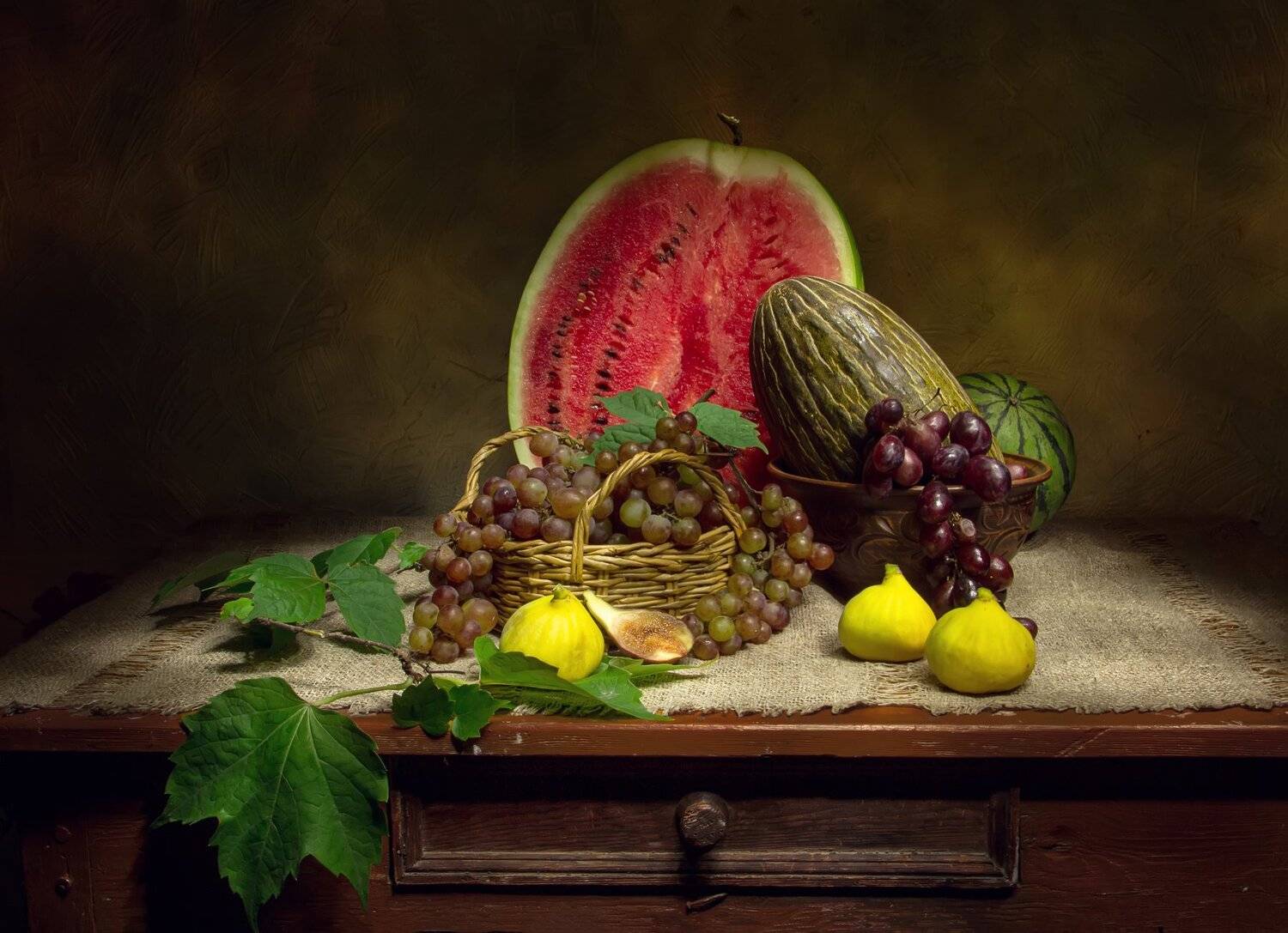 натюрморт, арбуз, дыня, инжир, виноград, Татьяна Феденкова