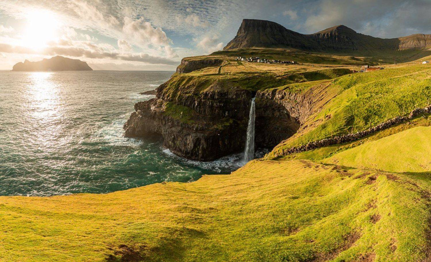 faroe, faroeislands, gasadalur, waterfall, landscape, sunset, Tomasz Macherzyński