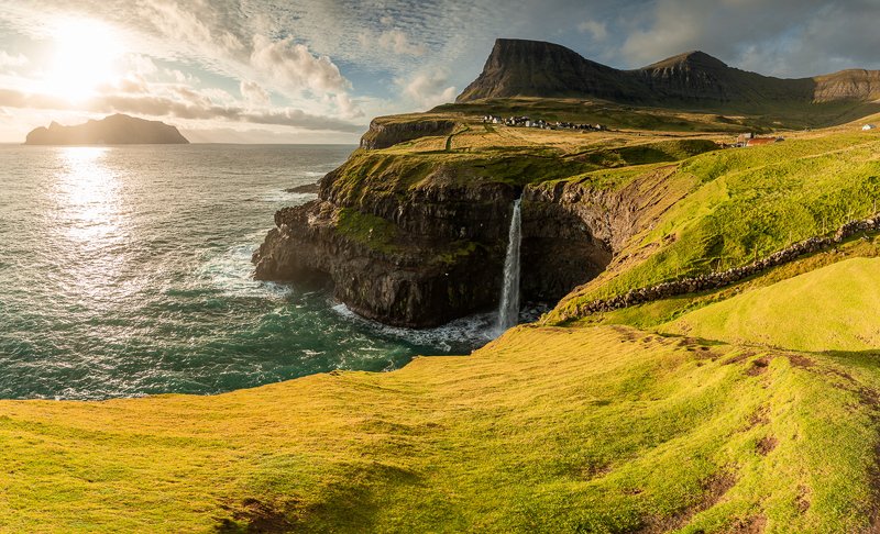 faroe, faroeislands, gasadalur, waterfall, landscape, sunset Gasadalur waterfall фото превью