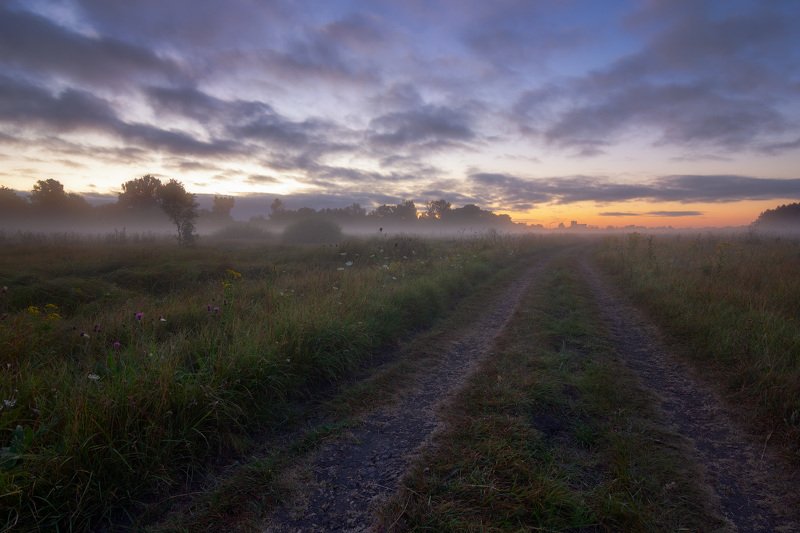 рассвет, утро, туман, дорога, пейзаж, лето, dawn, morning, fog, road, landscape, summer Перед рассветом фото превью