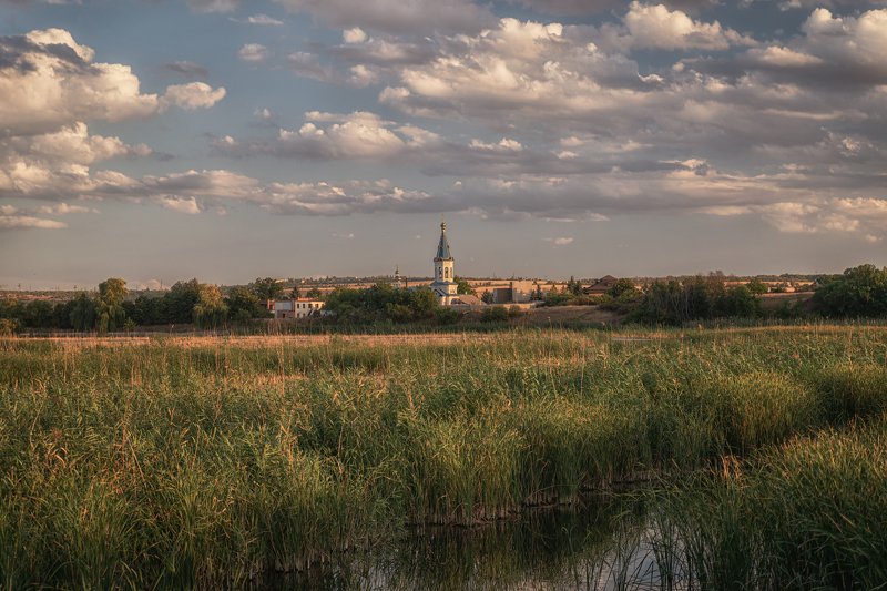 река, храм, природа, пейзаж, тростник, облака Нижняя Крынка фото превью