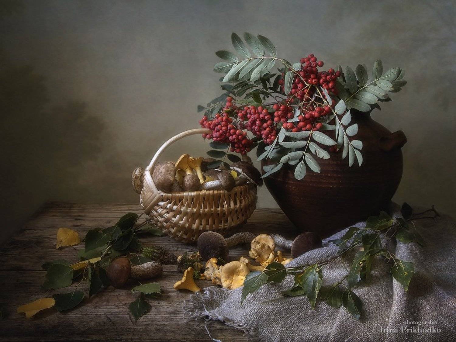 натюрморт, настроение, осень, грибы, рябина, лисички, подберезовики, деревенский, Ирина Приходько