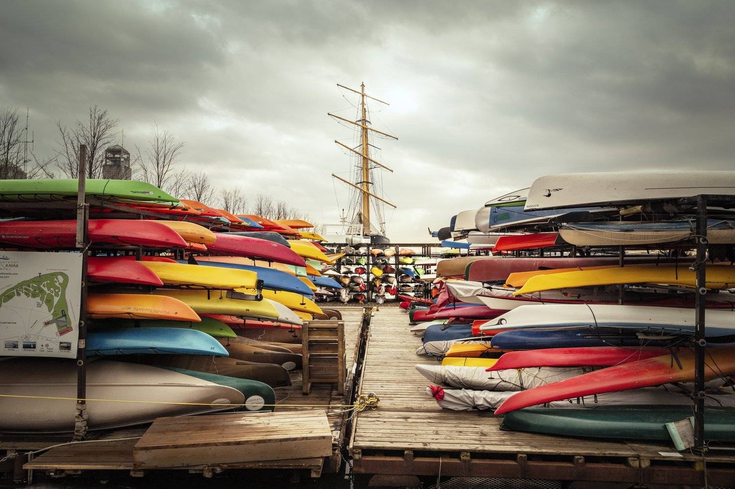 canada ,ontario ,toronto ,kayak ,canoe ,colorfull ,ship ,mast ,winterready ,readyforwinter ,wooden ,dock ,waterfront ,pile ,upsidedown ,recreation ,rent ,endofseason ,cloudy ,old ,sailboat ,lakeontario, Marko Radovanovic