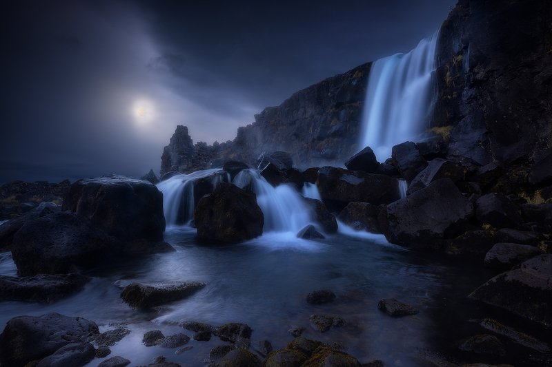 oxararfoss, iceland, waterfall, river, rocks, landscape, night, moon,  oxararfoss  фото превью