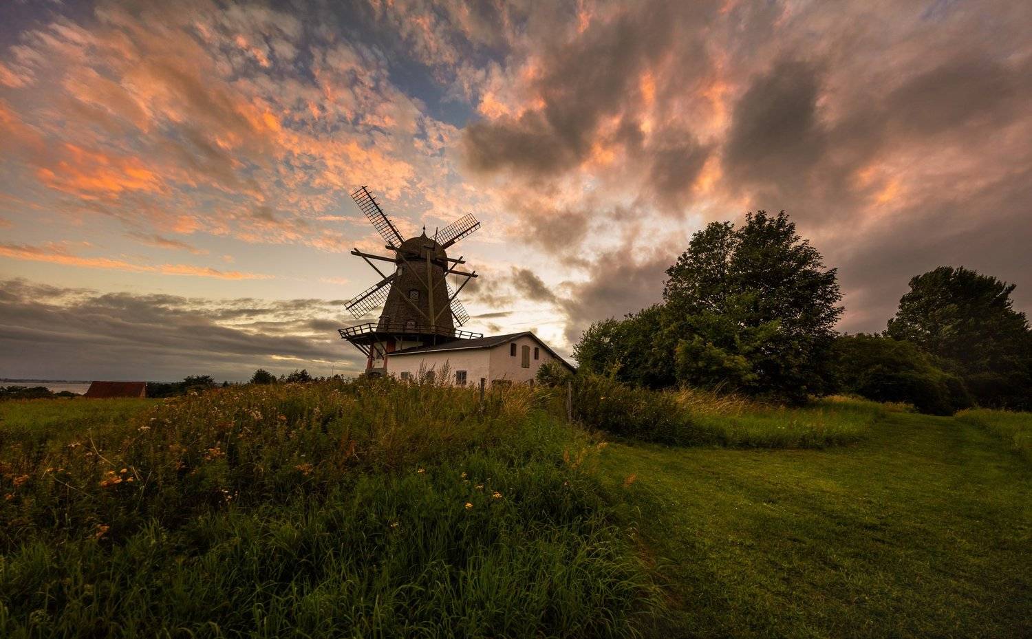 дания, деревня, мельница, вечер, закат, облака,, Марат Макс.